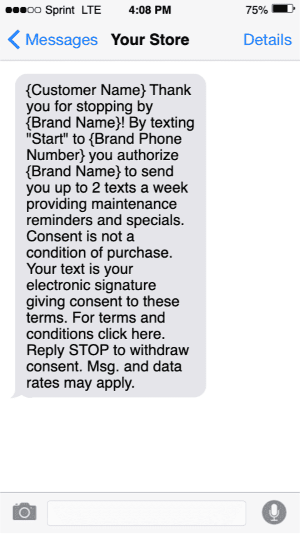 A mobile phone screen shows a text message from a store, explaining SMS Terms and opt-out instructions, along with conditions for receiving promotional messages.