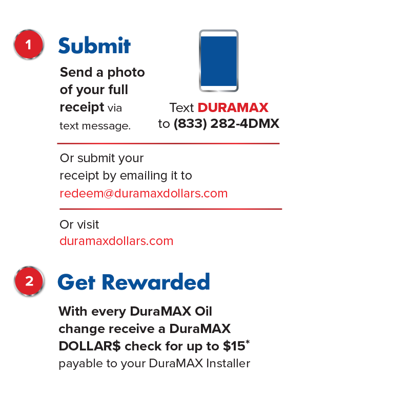 Submit your receipt by text, email, or website to earn Duramax Dollars and receive a check for your DuraMAX Oil change reward.