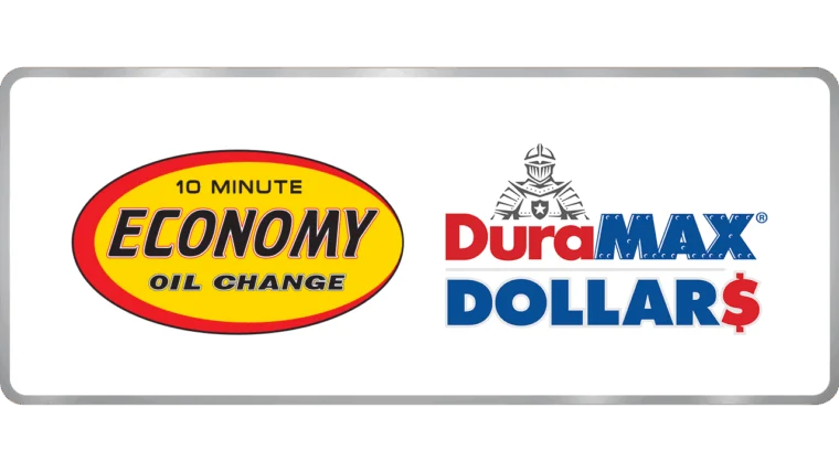 A yellow oval logo reads "10 Minute Economy Oil Change" next to the Duramax Dollars logo with a knight graphic on a white background.